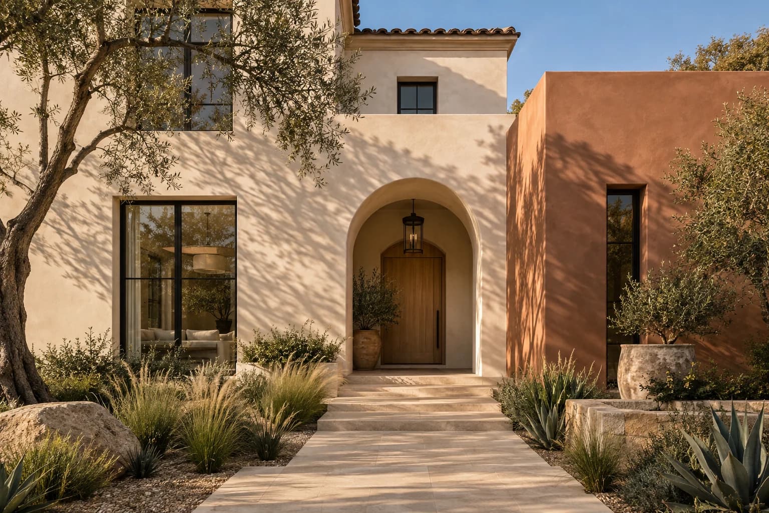 A thoughtfully painted home with warm landscaping and architectural details