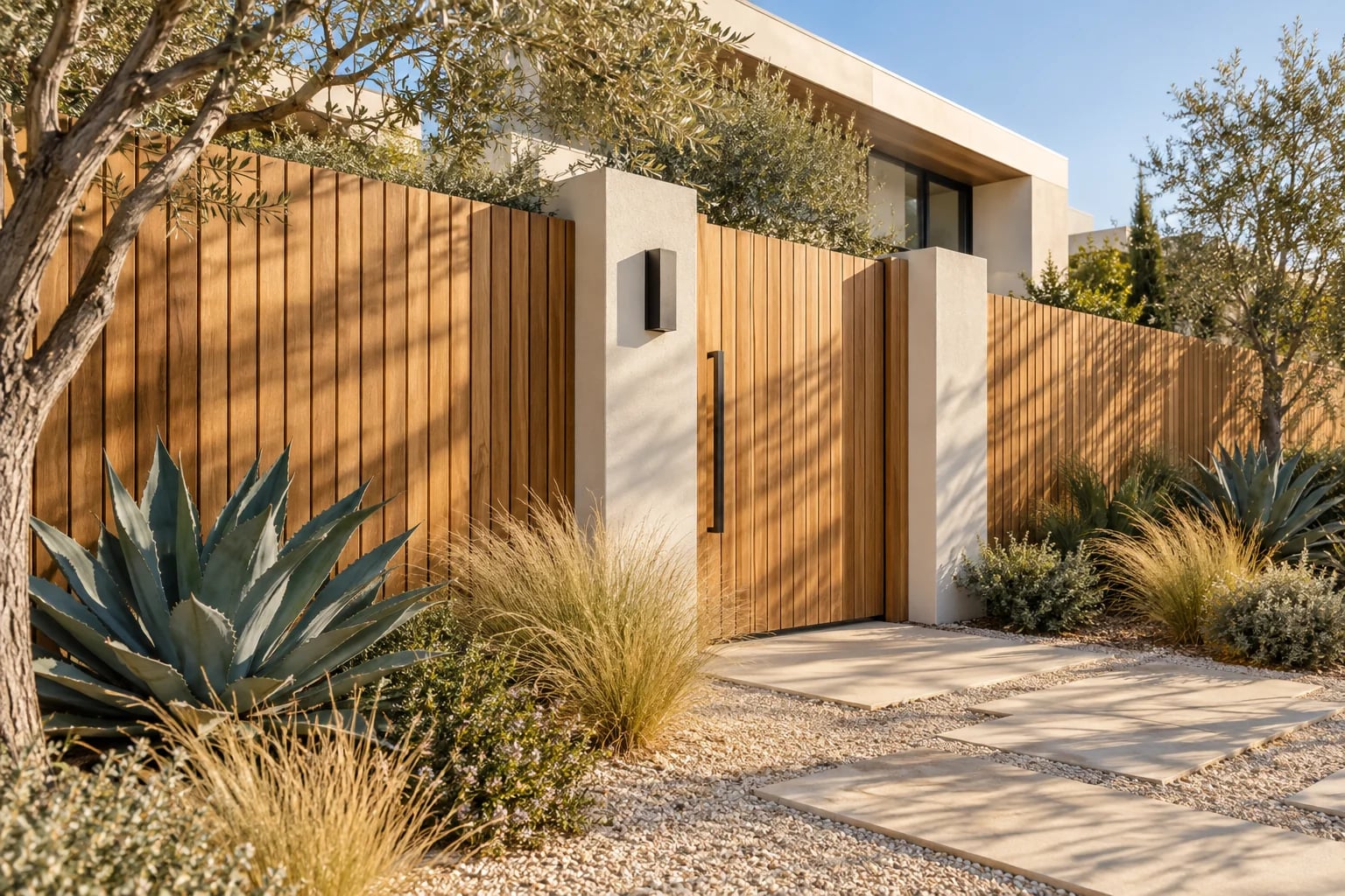 A warm wood privacy fence framing a landscaped garden