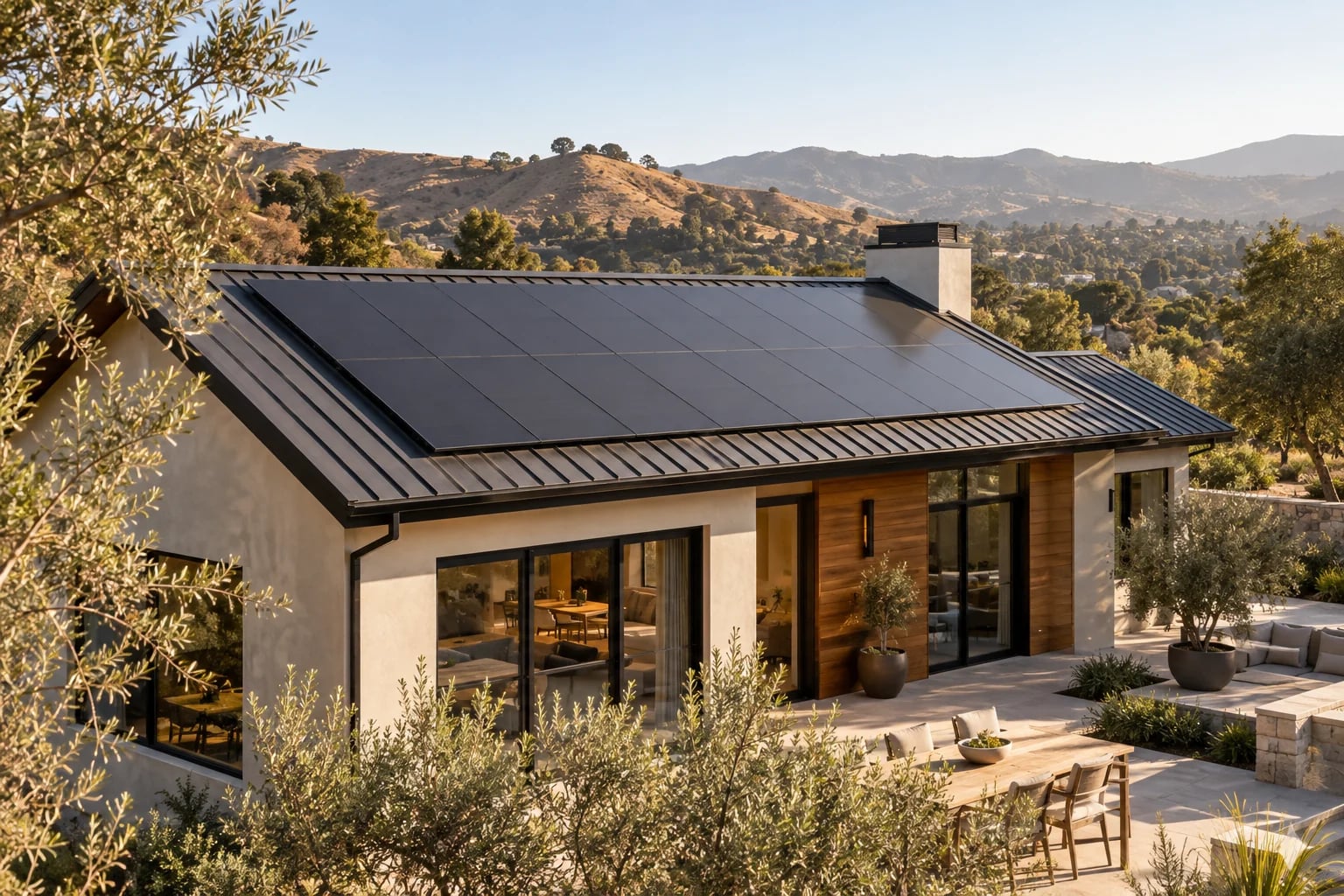 Solar panels thoughtfully integrated into a California home's roof