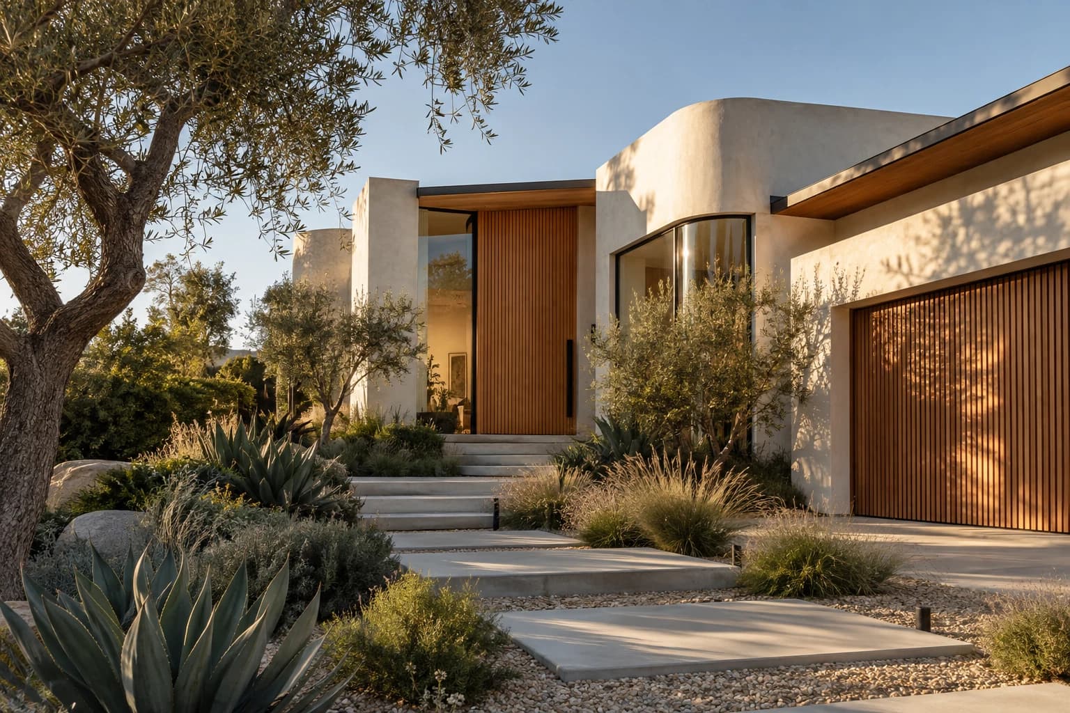 A welcoming California home framed by trees and a landscaped garden